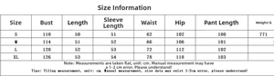 Size chart table for long sleeve hoodie and pants set with measurements from S to XL