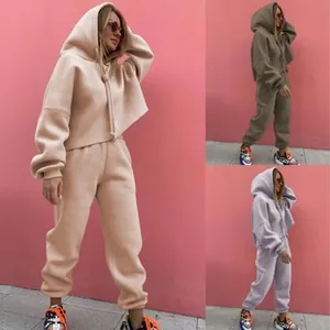 Detailansicht von Damen Fleece-Hoodie und Jogginghose in Beige, Braun und Lila im Set