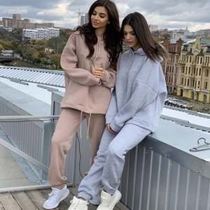 Detailansicht von Oversized Herbst Hoodies und Joggern in Altrosa und Hellgrau