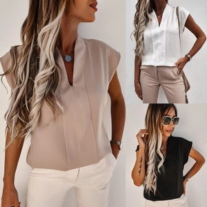Detailansicht der ärmellosen Damen-Chiffonoberteile mit V-Ausschnitt in Beige, Weiß, Schwarz