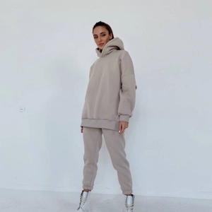 Übergroßes beiges Kapuzenpullover- und Jogginghosen-Set für Damen im Freizeitlook