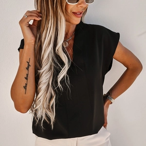 Elegante schwarze V-Ausschnitt-Bluse mit Kappärmeln und fließendem Stoff für Damen