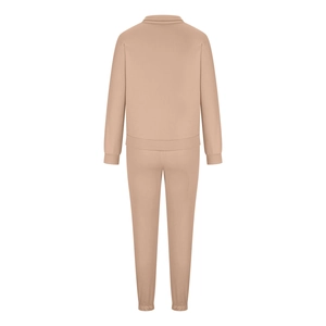 Vista posteriore della tuta sportiva beige in due pezzi con felpa e pantaloni con coulisse