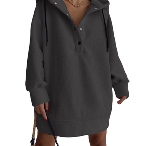 Detail of dark grey fleece oversized hoodie dress with three-button placket and relaxed fit