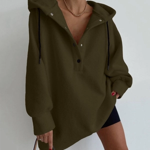 Women's dark olive green oversized fleece hoodie with drop shoulder and button collar