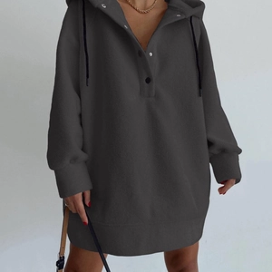 Casual loose-fit dark grey hooded fleece sweatshirt with buttoned front and long sleeves