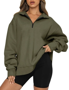Detail of olive green quarter-zip sweatshirt with stand collar and dropped shoulders