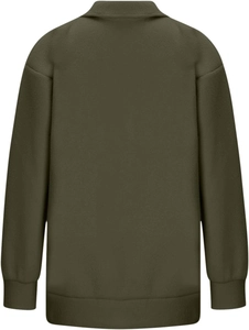 Back view of army green lapel sweatshirt with drop shoulder and ribbed knit texture