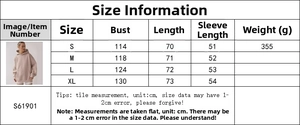 Detailed size chart for women's casual oversized hoodie showing measurements from S to XL