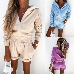 Dames fluwelen trainingspak set met korte hoodie met rits en korte broek in drie verschillende kleuren
