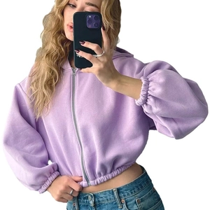 Kurzer Lavendel-Kapuzenpullover mit Puffärmeln und Reißverschluss für Damen Sportbekleidung