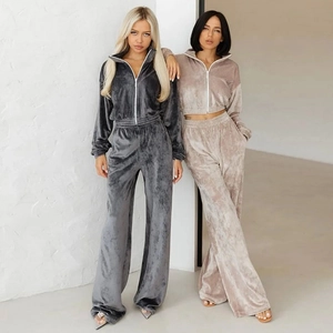 Women Velvet Tracksuit Two Piece Set Lapel Zipper Cropped Cardigan Sweatshirt And Wide Leg Pants Sporty Casual Leisure Suit