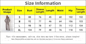 Detailed size chart for women zip-up hoodie and pants set with S to XL measurements