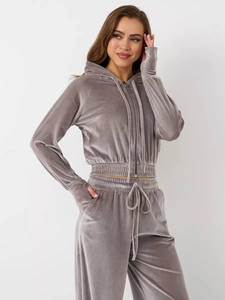 Detail of taupe velvet tracksuit with zip-up hoodie, ribbed cuffs and wide-leg trousers