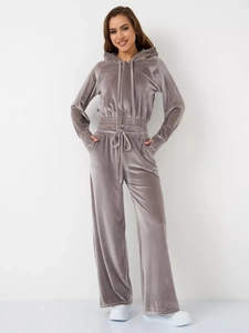 Detail shot of the plush grey velour fabric texture and zipper on the hoodie set