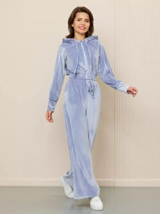 Full view of blue-purple velvet tracksuit set featuring a zip-up hoodie and wide-leg pants
