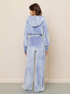 Detailed back view of light blue velvet two-piece set showing hooded top and wide-leg pants