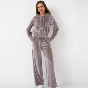 Women Velvet Tracksuit Zip Up Hoodie And Wide Leg Pants Solid Color Casual Loungewear Streetwear