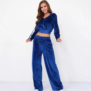Velvet blue-purple zip-up hoodie and high-waist wide-leg pants leisure set for women