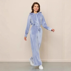 Women's 2-piece light blue velvet tracksuit with hooded zip sweatshirt and wide-leg pants