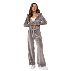 Women's velvet two-piece lounge set with zip hooded jacket and wide-leg drawstring pants