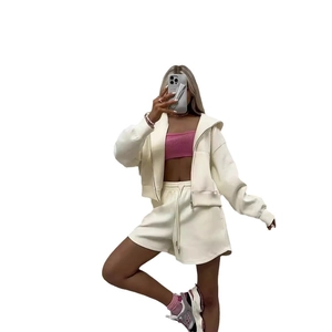 Women's cream-white hooded sweatshirt and shorts leisure set with pink crop top