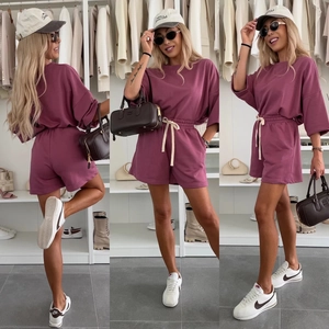 Detail view showing casual purple two-piece T-shirt and drawstring shorts from three angles