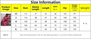 Detailed size chart for women's two-piece hoodie and sweatpants set in XS to XL sizes