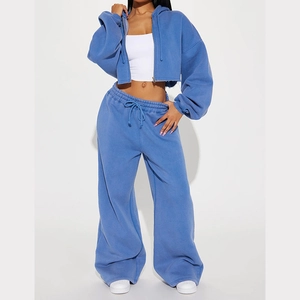 Women's 2-piece grey-blue lounge set with cropped zip hoodie and high-waist wide-leg pants