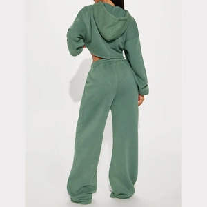 Back view of a sage green cropped hoodie and high-waisted wide-leg sweatpants set