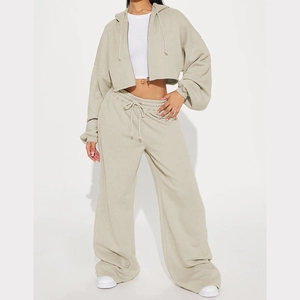 Women's 2-piece lounge set with cropped zip hoodie and high-waisted wide-leg sweatpants