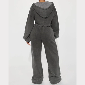 Detail view of washed dark grey cropped hoodie and high-waist wide-leg pants set back side