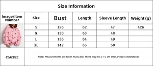 Size chart for cherry print oversized pink hoodie jacket with measurements from S to XL