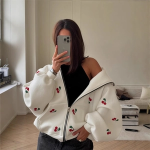 White cherry print hoodie with zipper and oversized fit for street fashion style