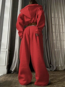 Detail of red hooded sweatshirt and high-waist wide-leg pants set back view