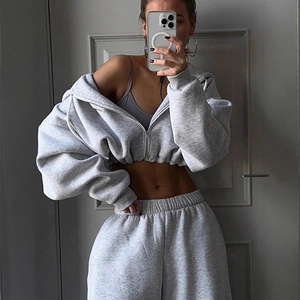 Women Tracksuit Cropped Hoodie And Wide Leg Sweatpants Solid Color Long Sleeve Casual Streetwear Zipper Sportswear