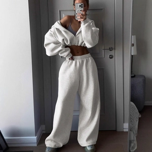 Women's 2-piece set with cropped zip hoodie and wide-leg jogger pants in light grey