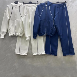 Detail of hooded sweatshirts and matching jogger pants with contrast stitching