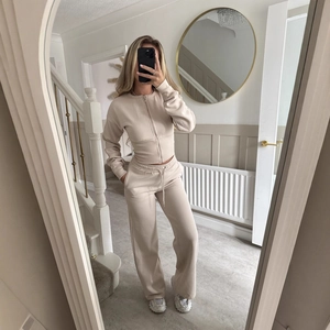 Women Lounge Pants Outfit Solid Color Cropped Zipper Jacket And High Waist Wide Leg Sweatpants Casual Streetwear Tracksuit