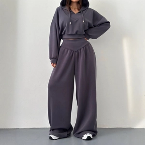 Sweat À Capuche Et Pantalon Large Femme Couleur Unie Décontracté Lounge Wear Manches Longues Polyester Col V Taille Haute