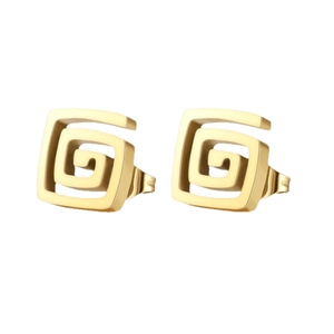 Minimalist golden geometric stud earrings with Greek key pattern in a matte finish