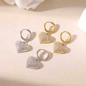 Heart Hoop Dangle Earrings Pave Zircon Titanium Steel Jewelry Elegant Fashion Heart Shape For Women