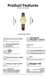 Detailed specs of small quartz watch featuring mother of pearl dial and brown leather strap