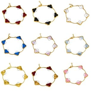 Detailed grid of five-motif clover bracelets in nine vibrant colors with golden chains