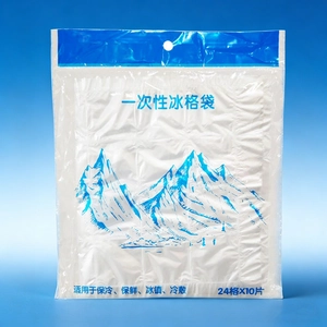 Pack of 10 disposable ice cube bags with 24 cells for food preservation and cooling