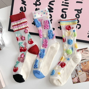 Three pairs of sheer glass silk socks with cute bear and cherry patterns for summer