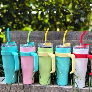 40oz insulated stainless steel tumblers with handles and straws in pastel colors