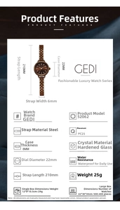 Fiche technique détaillée de la montre GEDI pour femme avec dimensions et fonctions