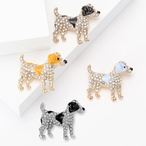 Sparkling crystal puppy dog brooches in gold and silver finish with colorful enamel details