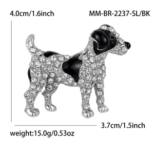 Sparkling silver alloy dog brooch with clear rhinestones and black enamel accents